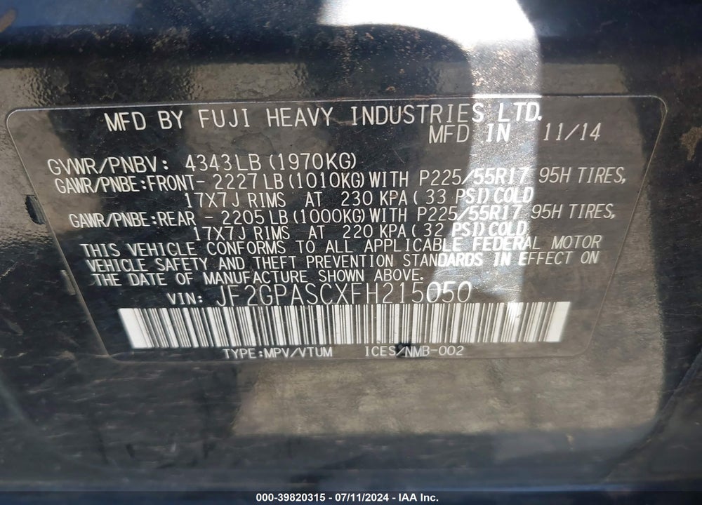 2015 SUBARU XV CROSSTREK 2.0I LIMITED VIN: JF2GPASCXFH215050