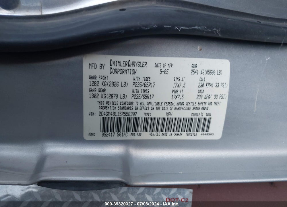 2005 CHRYSLER PACIFICA VIN: 2C4GM48L15R556307