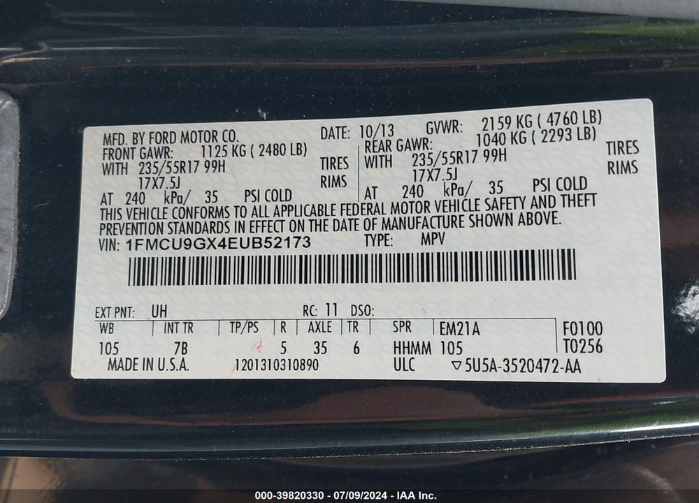 2014 FORD ESCAPE VIN: 1FMCU9GX4EUB52173