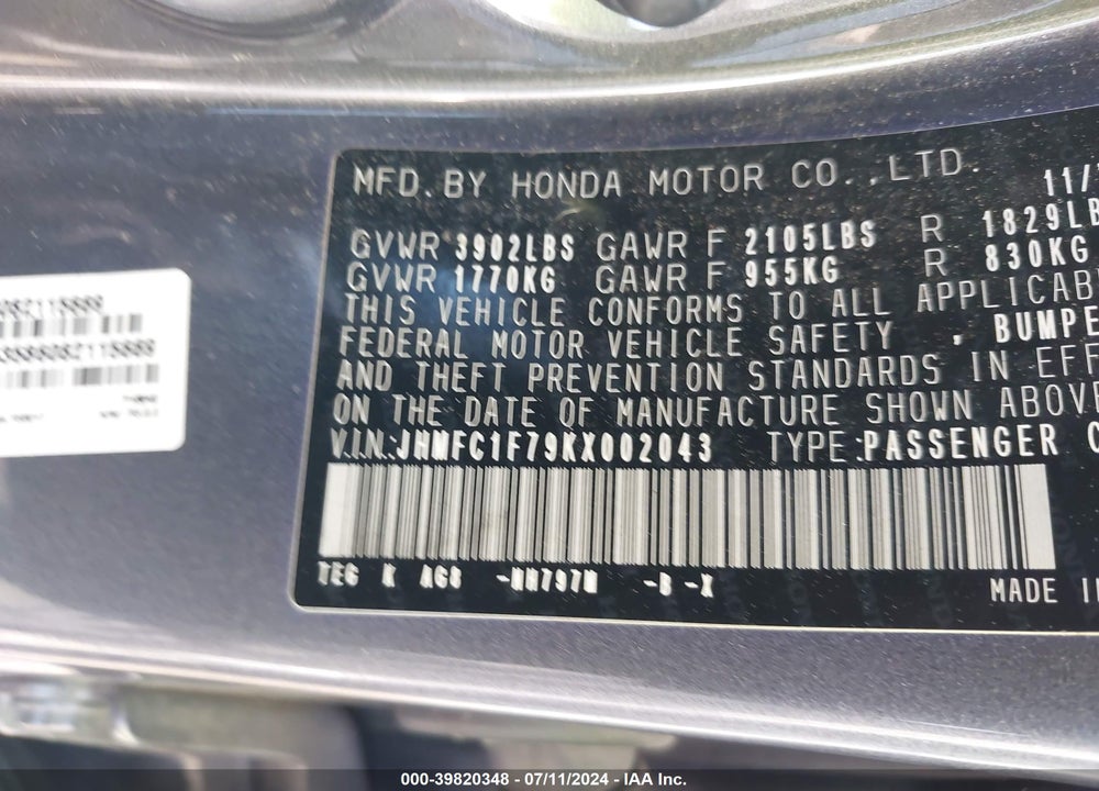 2019 HONDA CIVIC EX-L VIN: JHMFC1F79KX002043