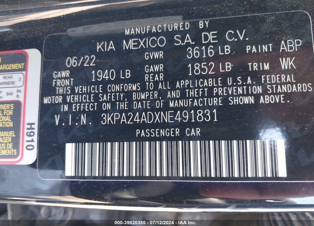2022 KIA RIO LX VIN: 3KPA24ADXNE491831