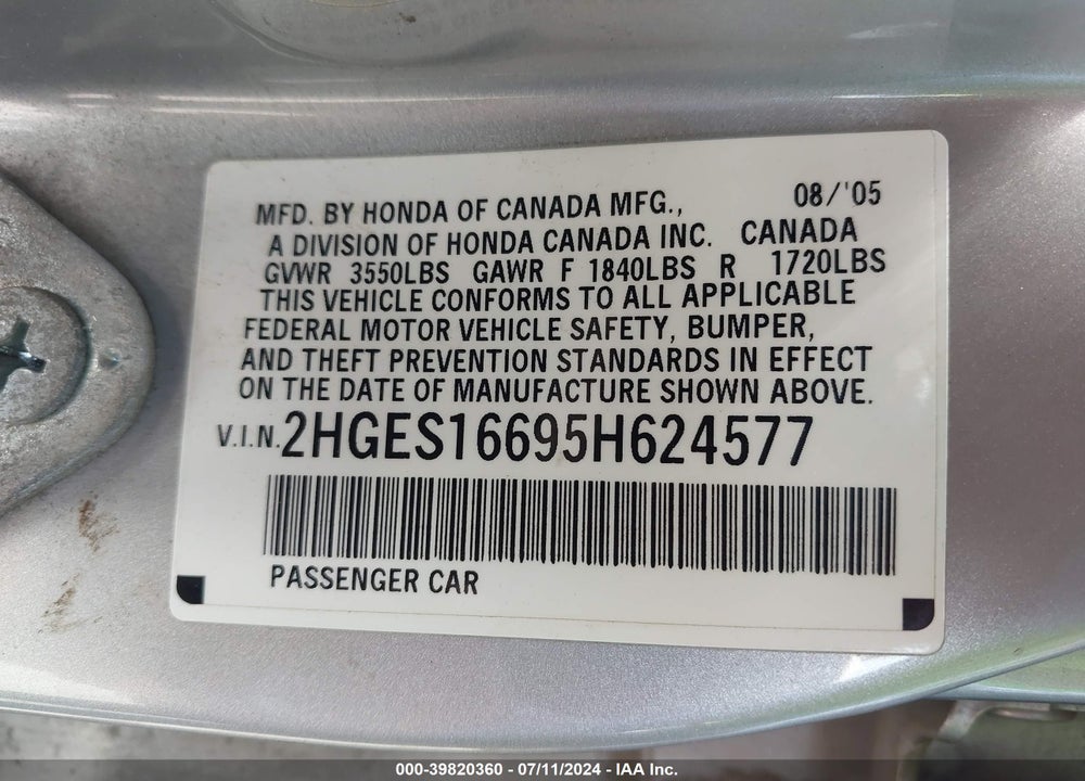 2005 HONDA CIVIC LX VIN: 2HGES16695H624577