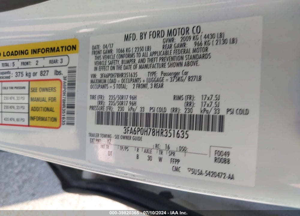2017 FORD FUSION SE VIN: 3FA6P0H78HR351635
