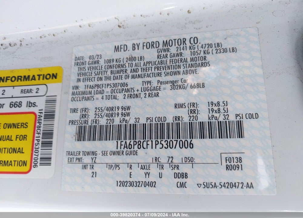 2023 FORD MUSTANG GT FASTBACK VIN: 1FA6P8CF1P5307006