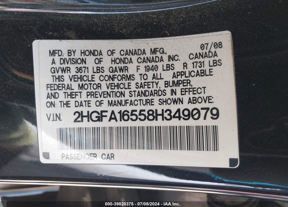 2008 HONDA CIVIC LX VIN: 2HGFA16558H349079