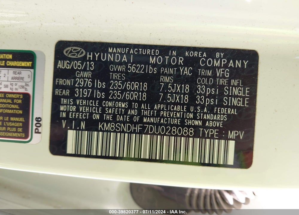 2013 HYUNDAI SANTA FE GLS VIN: KM8SNDHF7DU028088