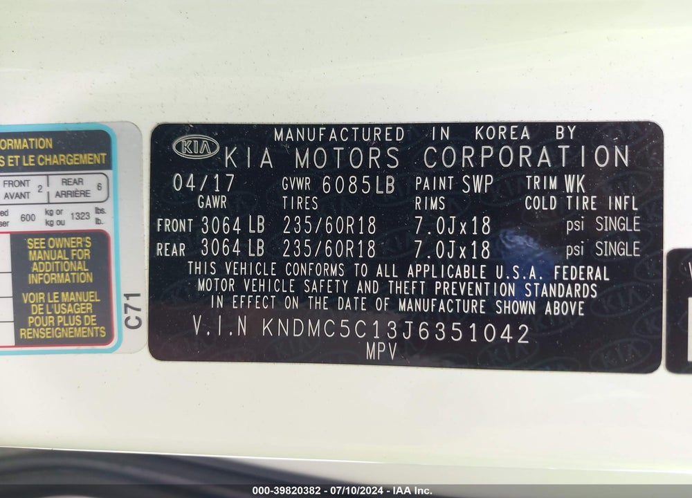 2018 KIA SEDONA SX VIN: KNDMC5C13J6351042