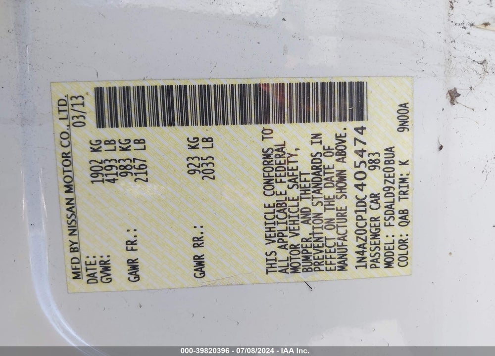 2013 NISSAN LEAF SV VIN: 1N4AZ0CP1DC405474