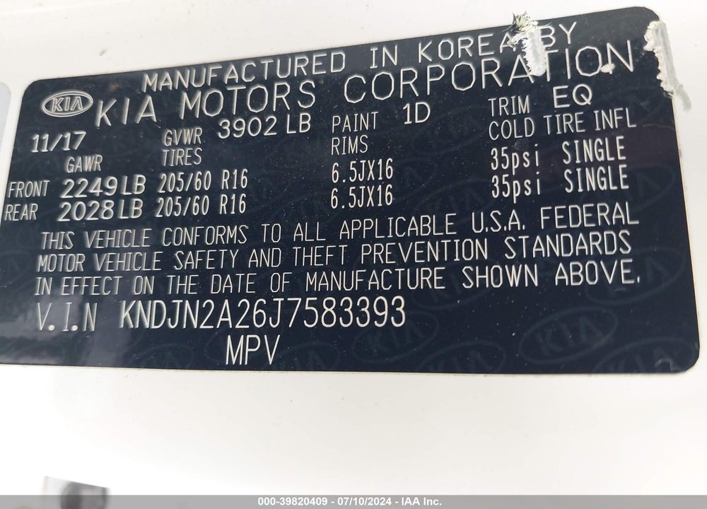 2018 KIA SOUL VIN: KNDJN2A26J7583393