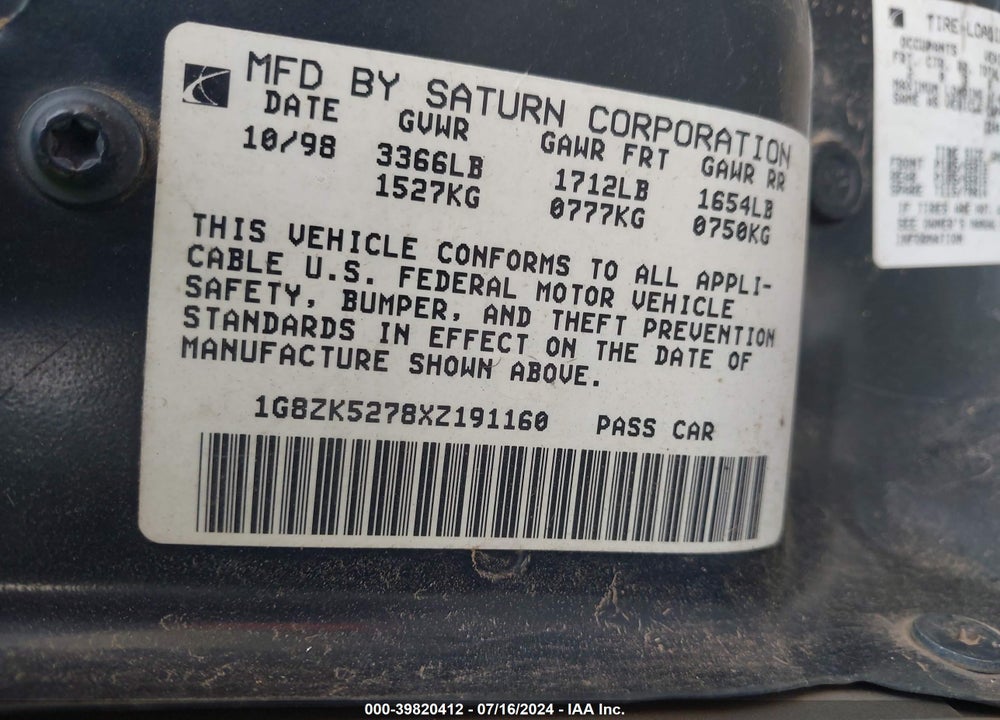 1999 SATURN SL2 VIN: 1G8ZK5278XZ191160
