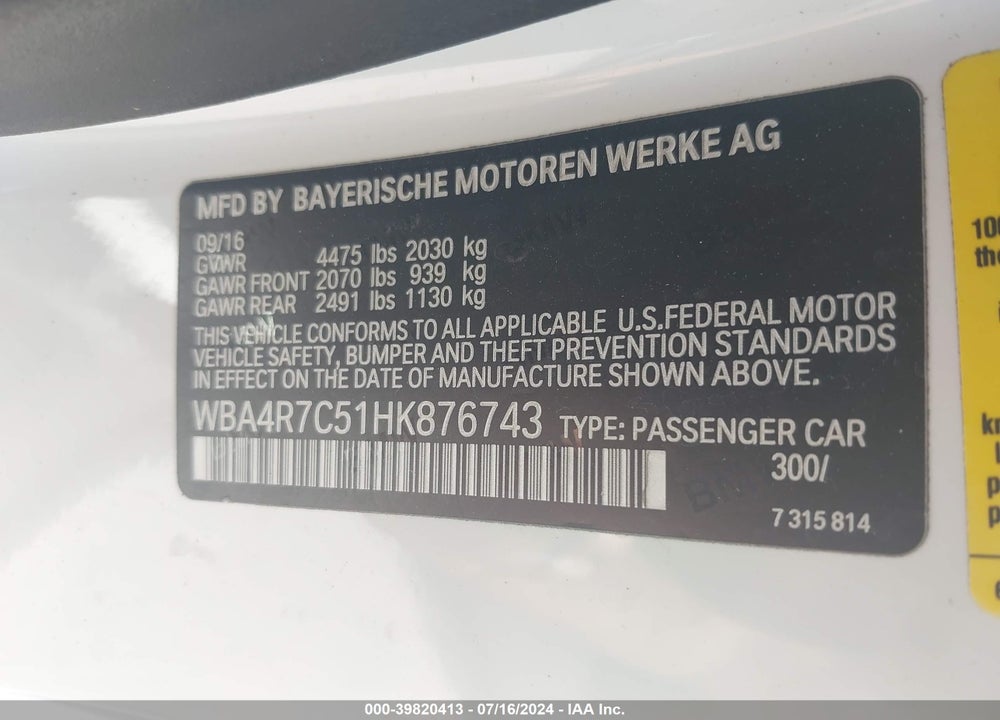 2017 BMW 430I VIN: WBA4R7C51HK876743