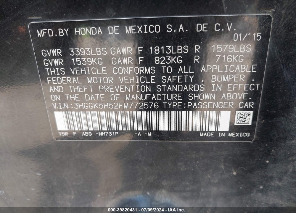 2015 HONDA FIT LX VIN: 3HGGK5H52FM772576