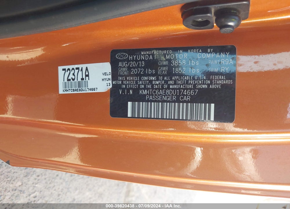 2013 HYUNDAI VELOSTER TURBO W/BLACK VIN: KMHTC6AE8DU174667