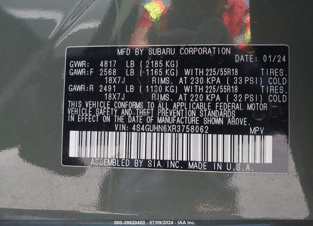 2024 SUBARU CROSSTREK LIMITED VIN: 4S4GUHN6XR3758062