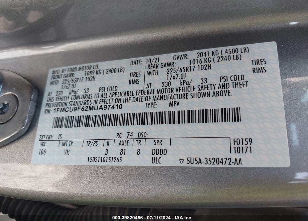 2021 FORD ESCAPE S VIN: 1FMCU9F62MUA97410