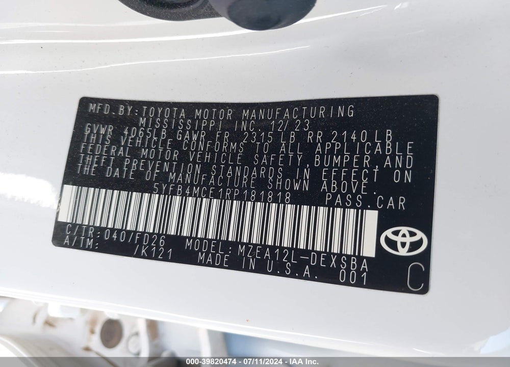 2024 TOYOTA COROLLA NIGHTSHADE EDITION VIN: 5YFB4MCE1RP181818