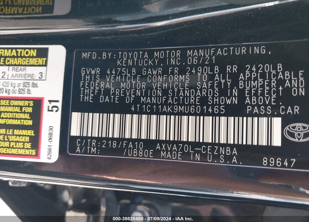 2021 TOYOTA CAMRY LE VIN: 4T1C11AK9MU601465
