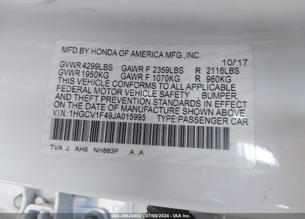 2018 HONDA ACCORD EX VIN: 1HGCV1F49JA015995