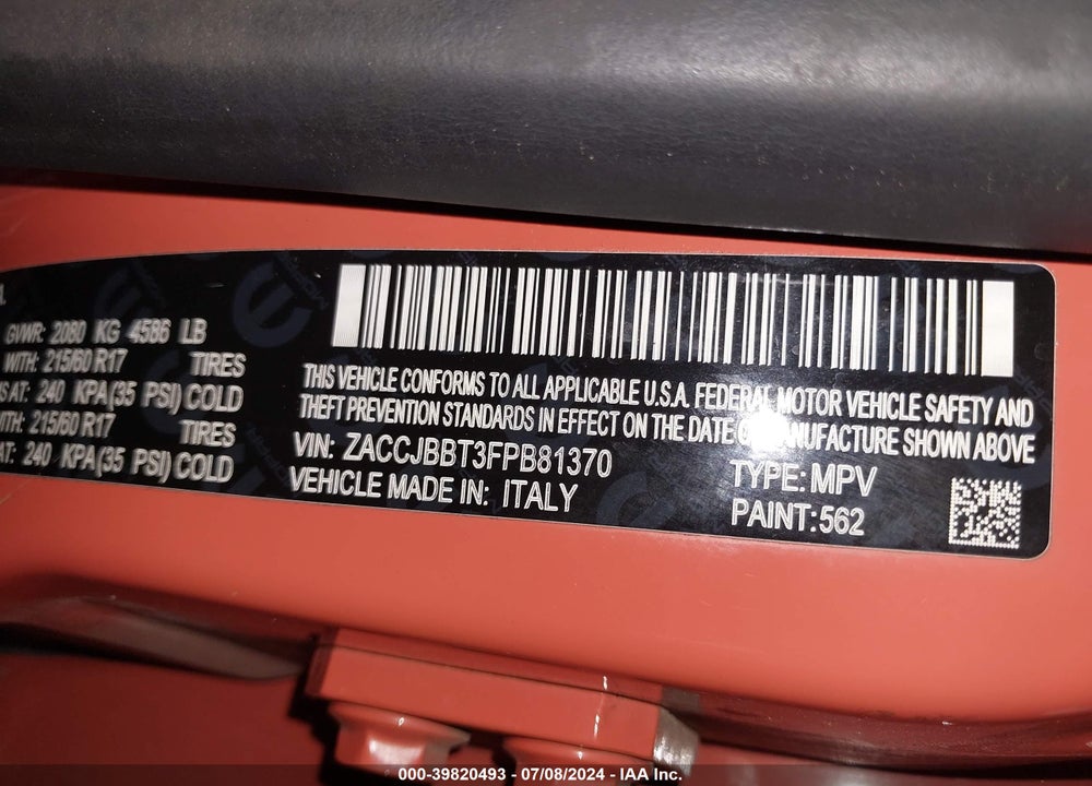 2015 JEEP RENEGADE LATITUDE VIN: ZACCJBBT3FPB81370