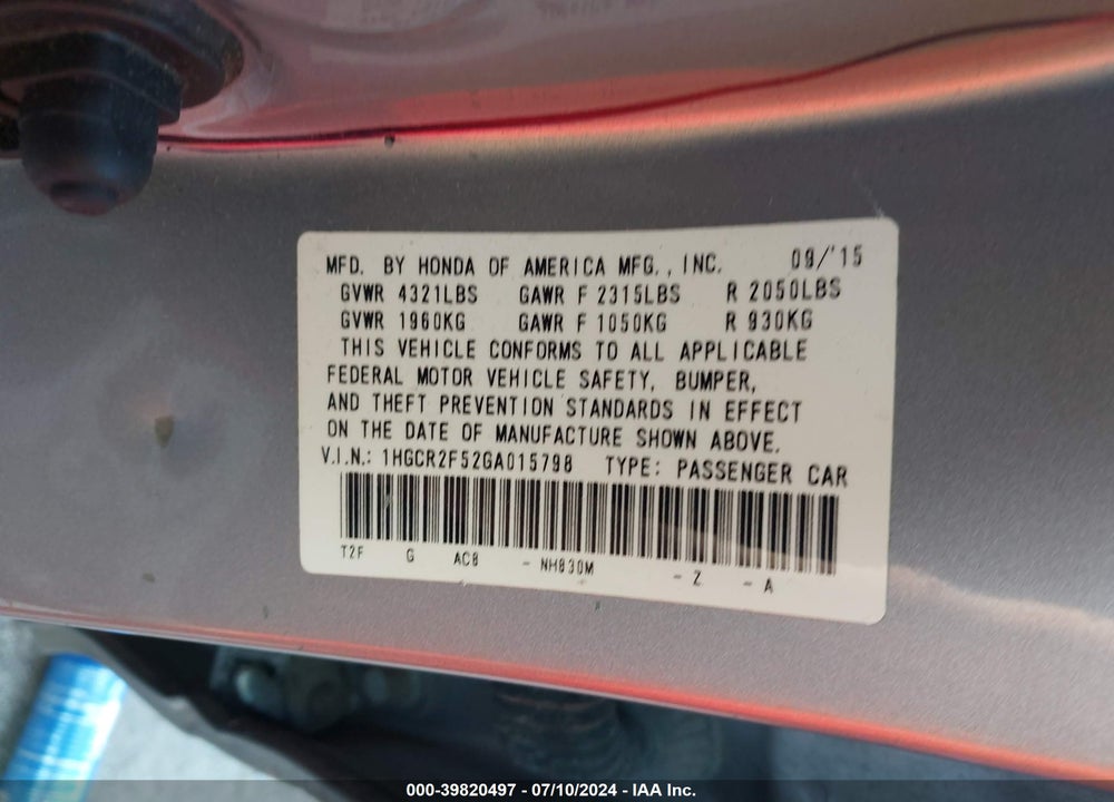 2016 HONDA ACCORD SPORT VIN: 1HGCR2F52GA015798