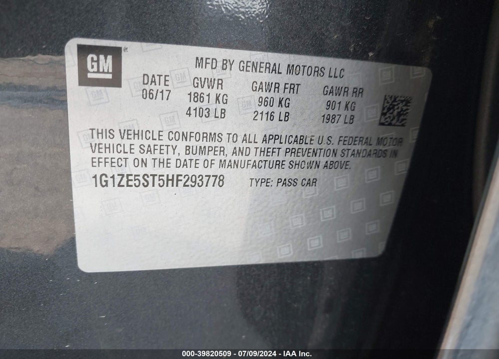 2017 CHEVROLET MALIBU 1LT VIN: 1G1ZE5ST5HF293778