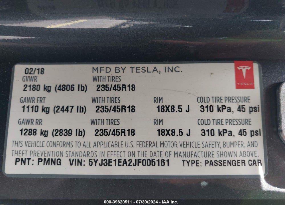 2018 TESLA MODEL 3 VIN: 5YJ3E1EA2JF005161