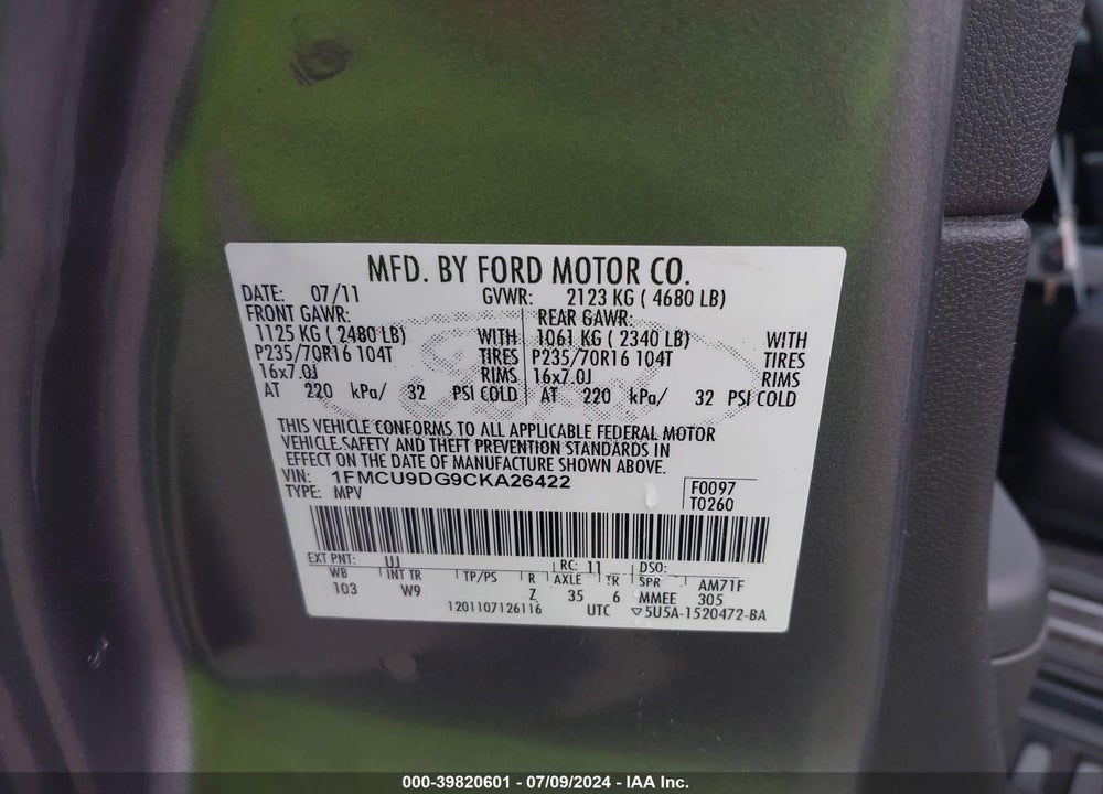2012 FORD ESCAPE XLT VIN: 1FMCU9DG9CKA26422