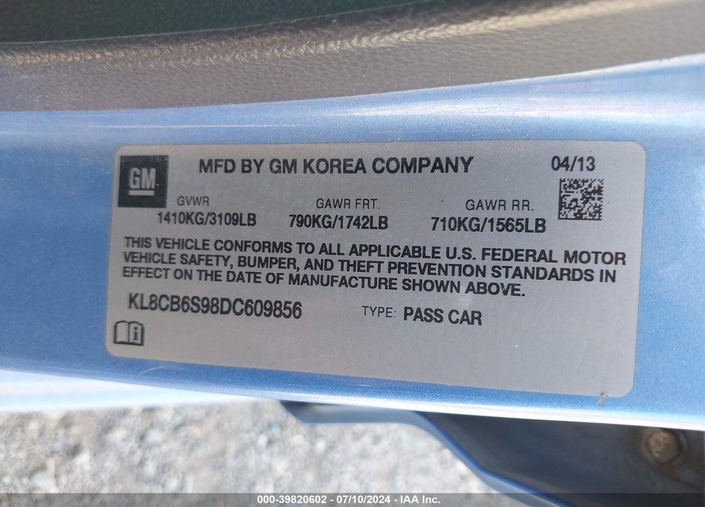 2013 CHEVROLET SPARK LS AUTO VIN: KL8CB6S98DC609856