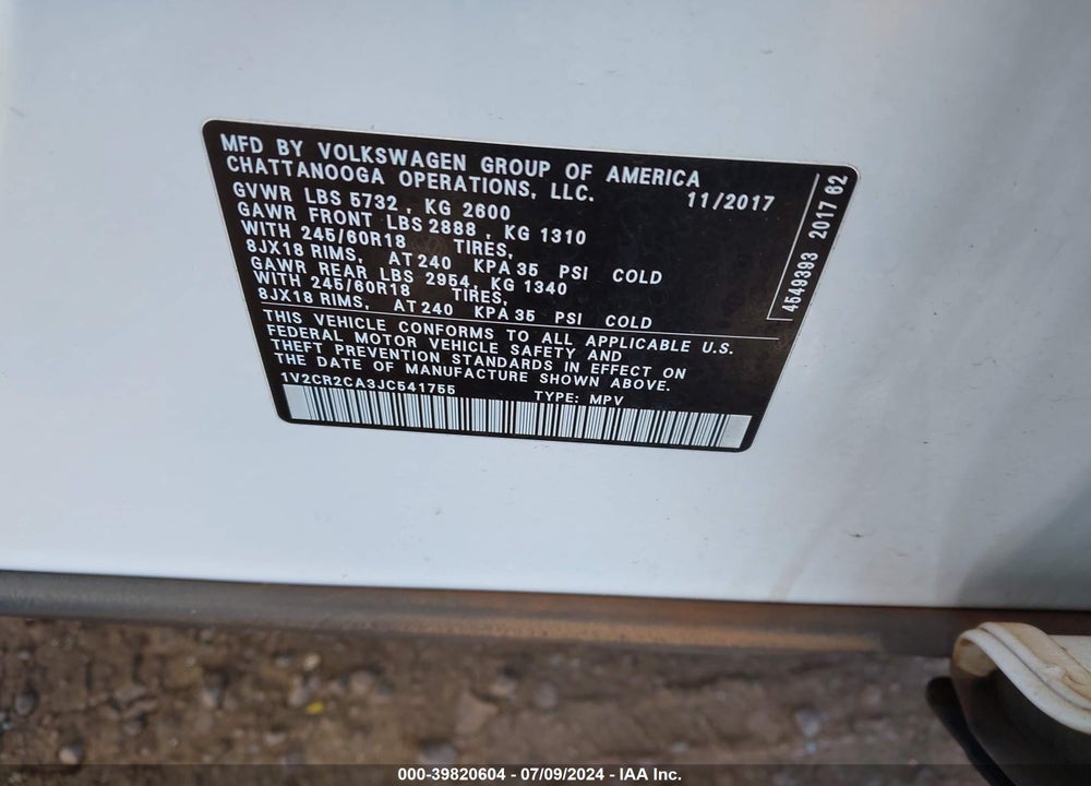 2018 VOLKSWAGEN ATLAS 3.6L V6 SE VIN: 1V2CR2CA3JC541755