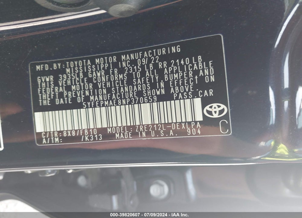 2022 TOYOTA COROLLA LE VIN: 5YFEPMAE8NP370659