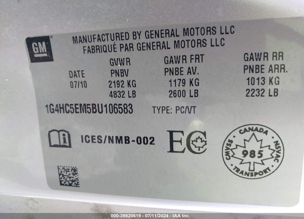 2011 BUICK LUCERNE CXL VIN: 1G4HC5EM5BU106583