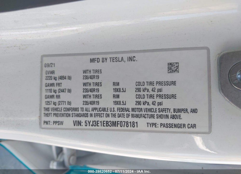 2021 TESLA MODEL 3 LONG RANGE DUAL MOTOR ALL-WHEEL DRIVE VIN: 5YJ3E1EB3MF078181