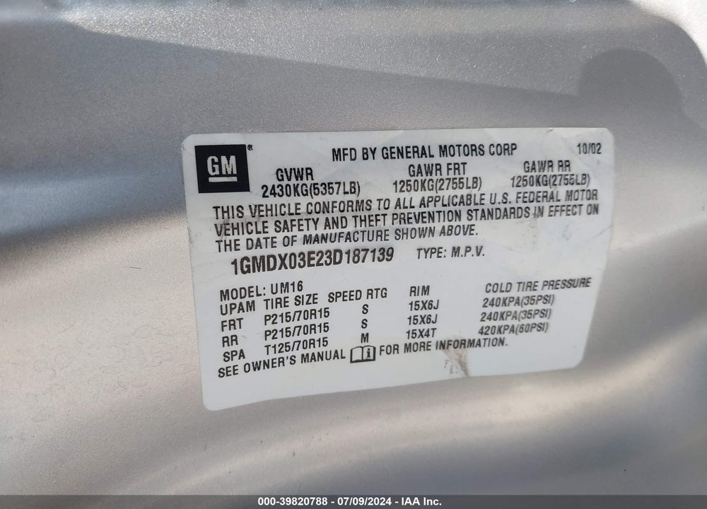 2003 PONTIAC MONTANA M16 W/1SA PKG. VIN: 1GMDX03E23D187139