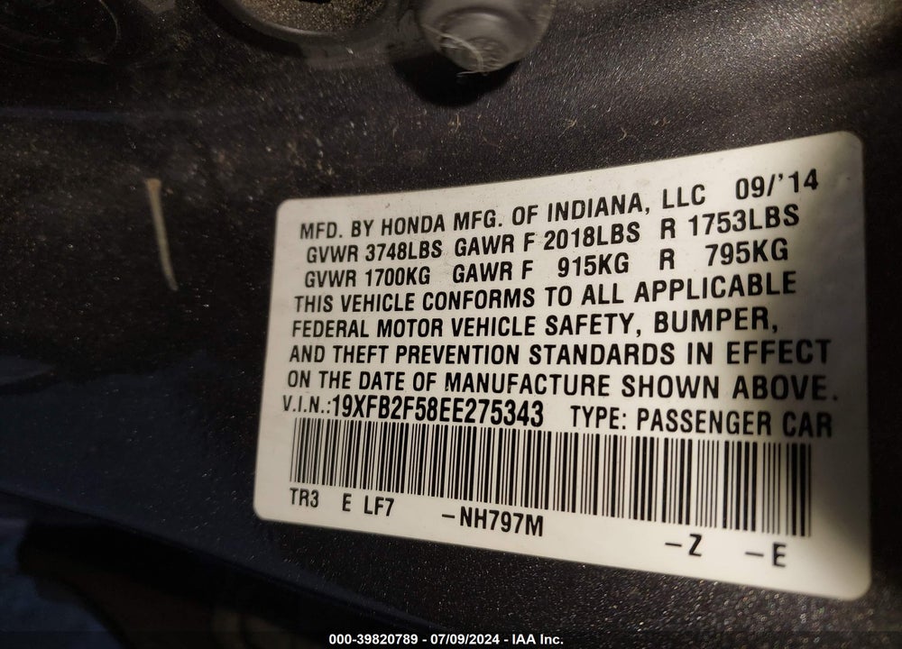 2014 HONDA CIVIC LX VIN: 19XFB2F58EE275343