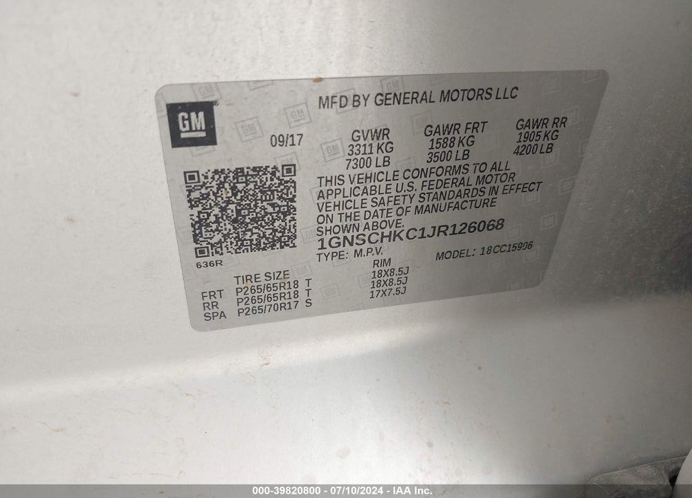 2018 CHEVROLET SUBURBAN LT VIN: 1GNSCHKC1JR126068