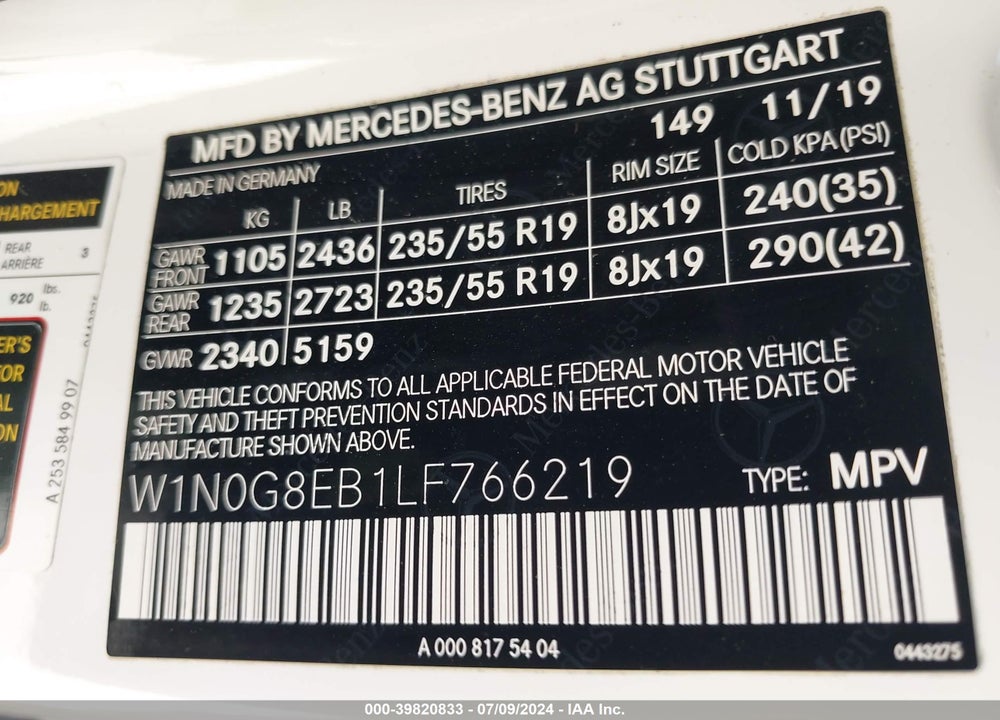 2020 MERCEDES-BENZ GLC 300 4MATIC VIN: W1N0G8EB1LF766219