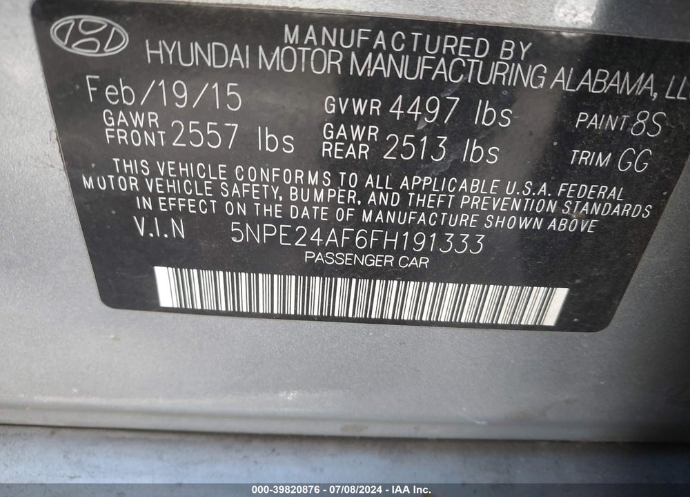 2015 HYUNDAI SONATA SE VIN: 5NPE24AF6FH191333