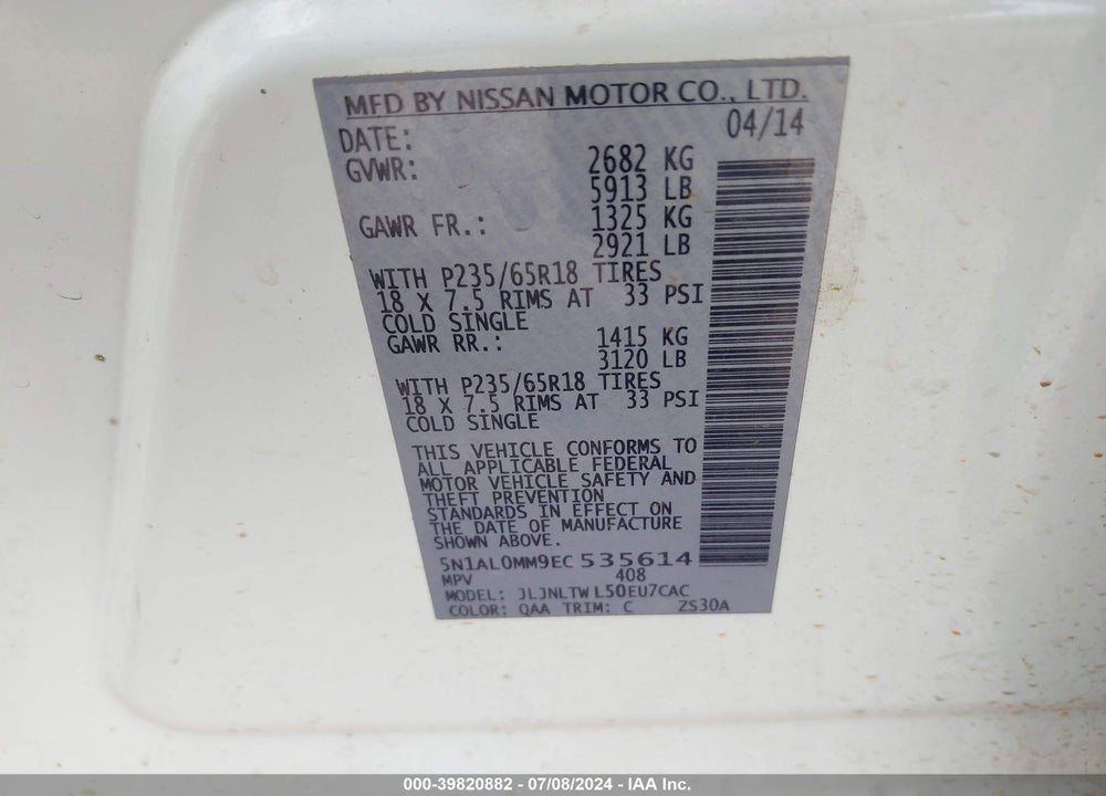 2014 INFINITI QX60 VIN: 5N1AL0MM9EC535614
