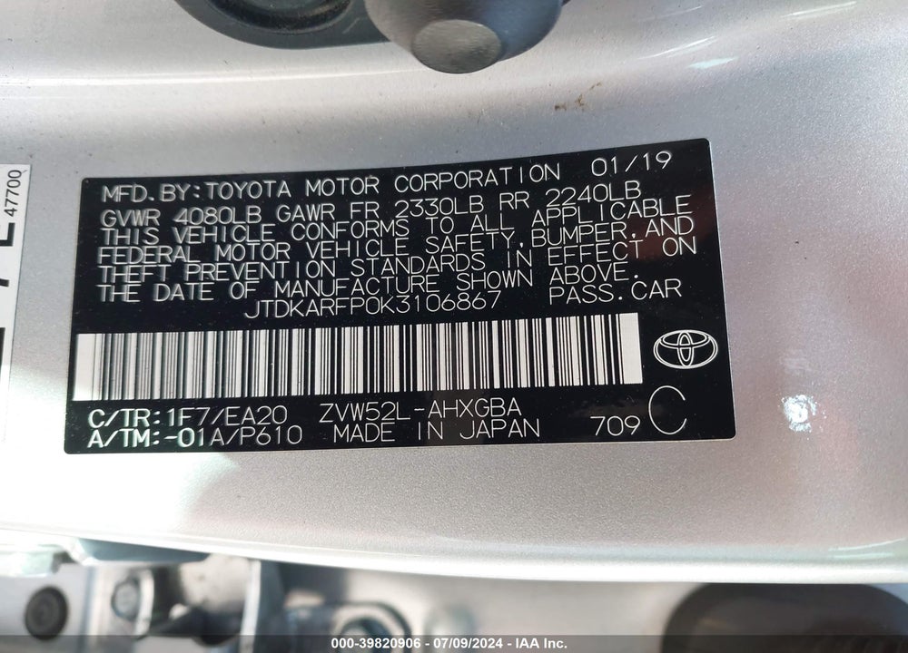 2019 TOYOTA PRIUS PRIME PREMIUM VIN: JTDKARFP0K3106867