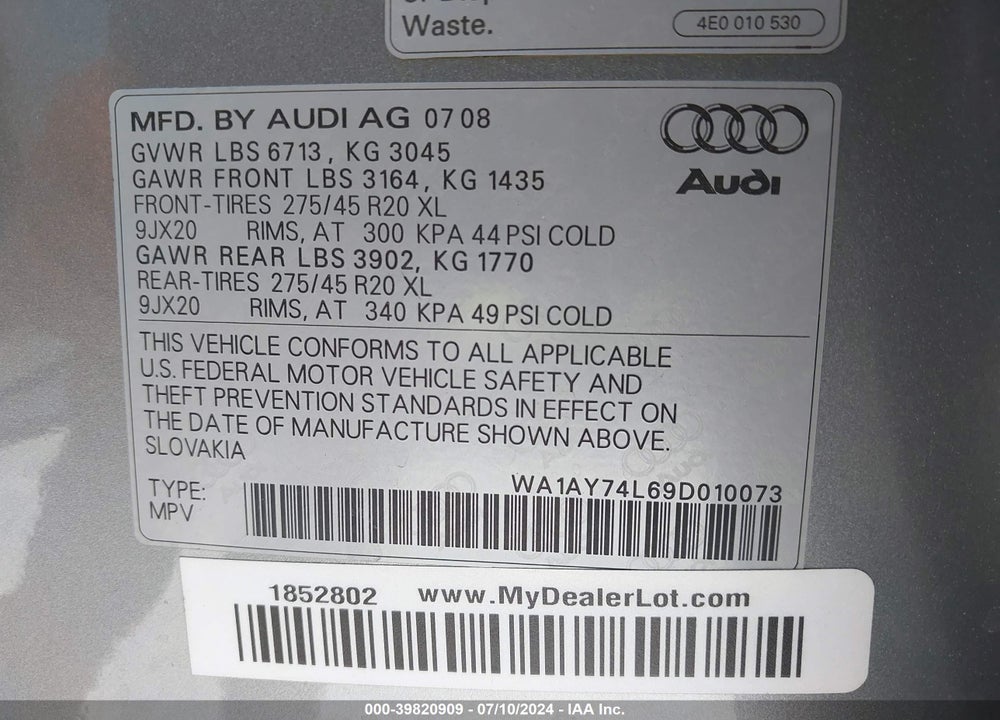 2009 AUDI Q7 3.6 5 PASSENGER/3.6 PREMIUM VIN: WA1AY74L69D010073
