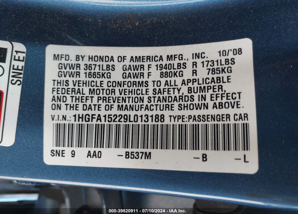 2009 HONDA CIVIC DX VIN: 1HGFA15229L013188