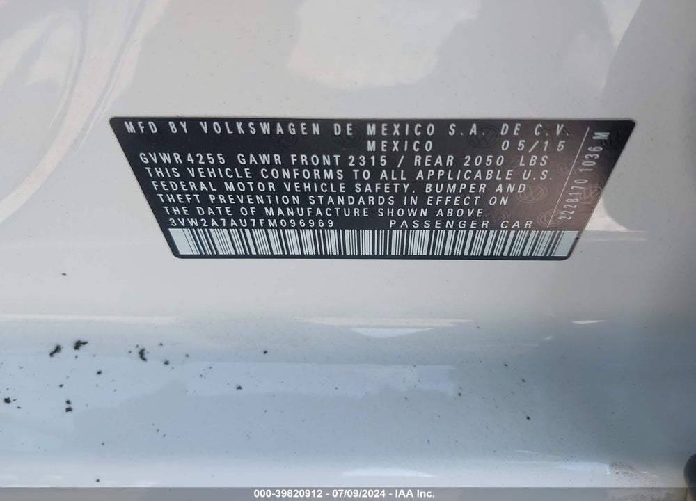 2015 VOLKSWAGEN GOLF TDI S 4-DOOR VIN: 3VW2A7AU7FM096969