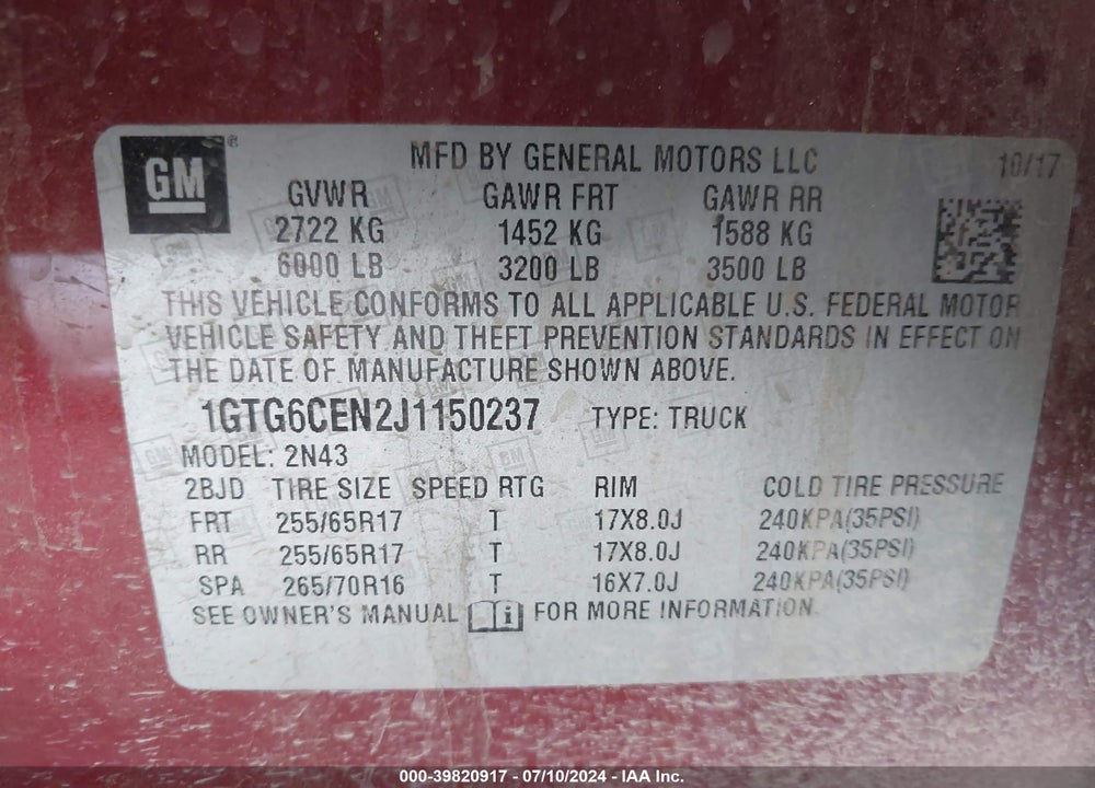 2018 GMC CANYON ALL TERRAIN W/CLOTH VIN: 1GTG6CEN2J1150237