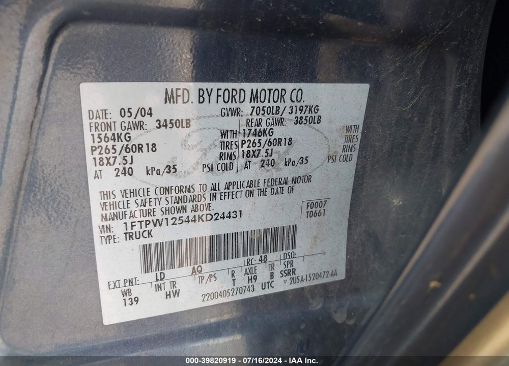 2004 FORD F-150 LARIAT/XLT VIN: 1FTPW12544KD24431