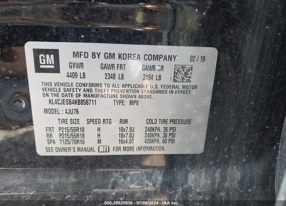 2019 BUICK ENCORE AWD PREFERRED VIN: KL4CJESB4KB858711