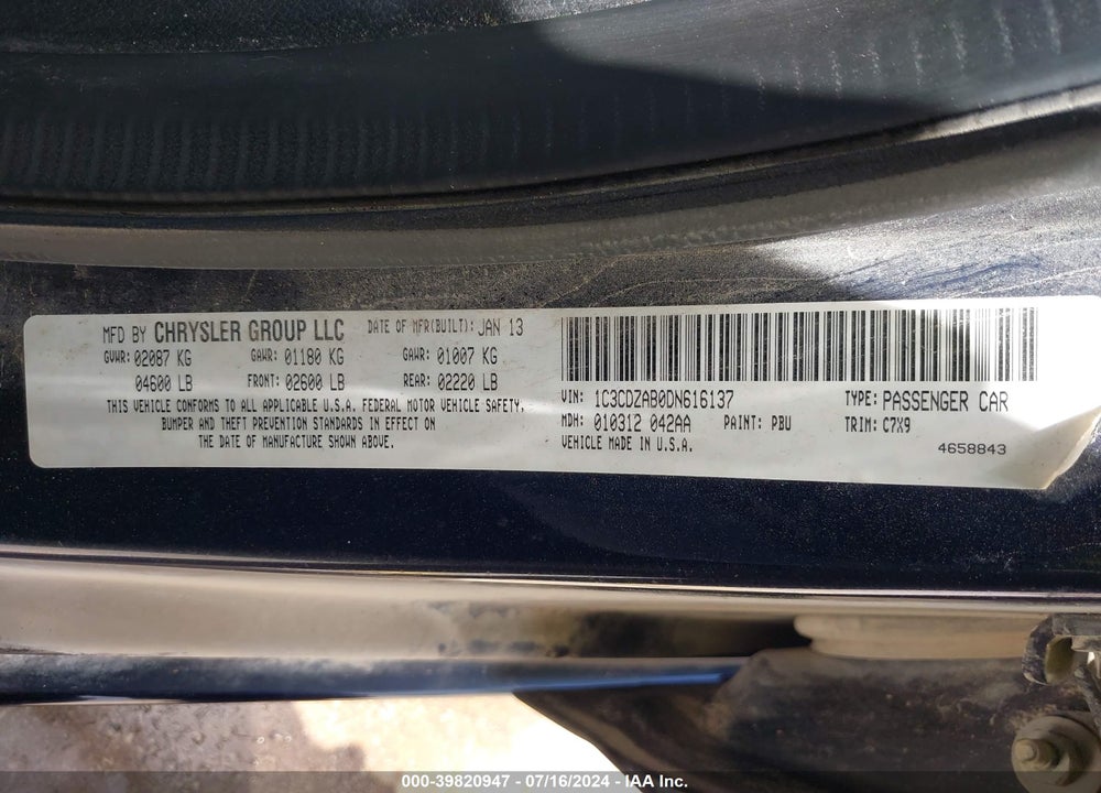 2013 DODGE AVENGER SE VIN: 1C3CDZAB0DN616137