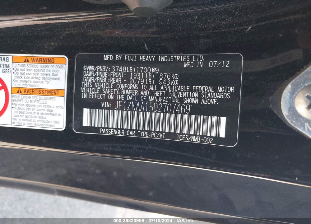 2013 SCION FR-S VIN: JF1ZNAA15D2707469