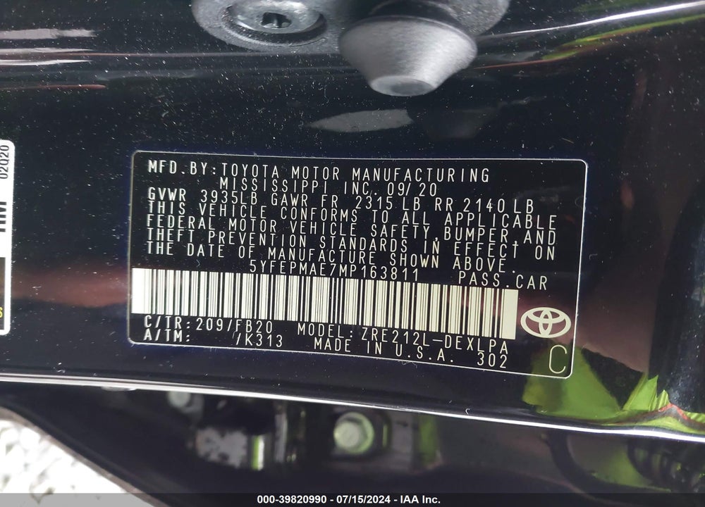 2021 TOYOTA COROLLA LE VIN: 5YFEPMAE7MP163811