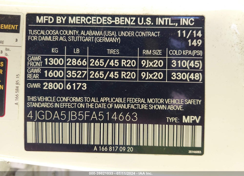 2015 MERCEDES-BENZ ML 350 VIN: 4JGDA5JB5FA514663