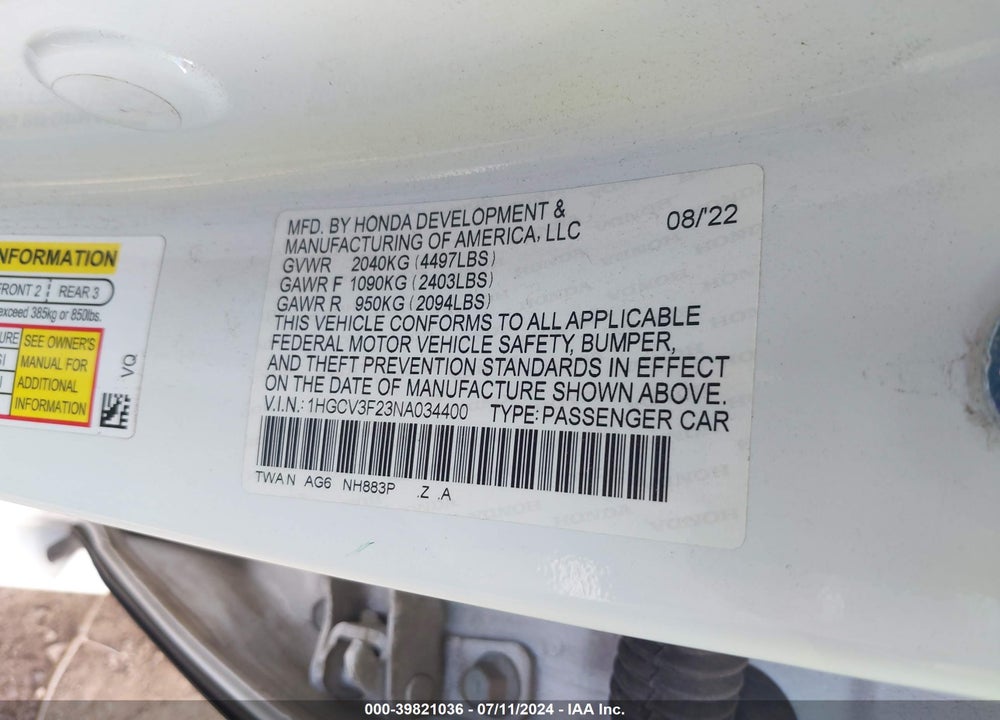 2022 HONDA ACCORD HYBRID SPORT VIN: 1HGCV3F23NA034400